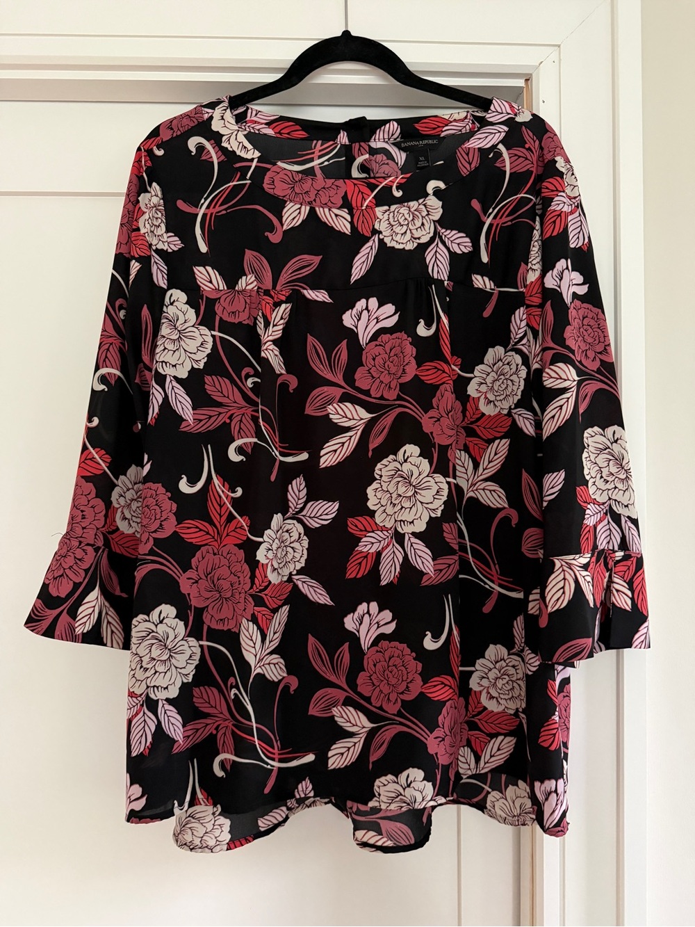 Banana Republic Black Blouse with Pink & Red Floral Print